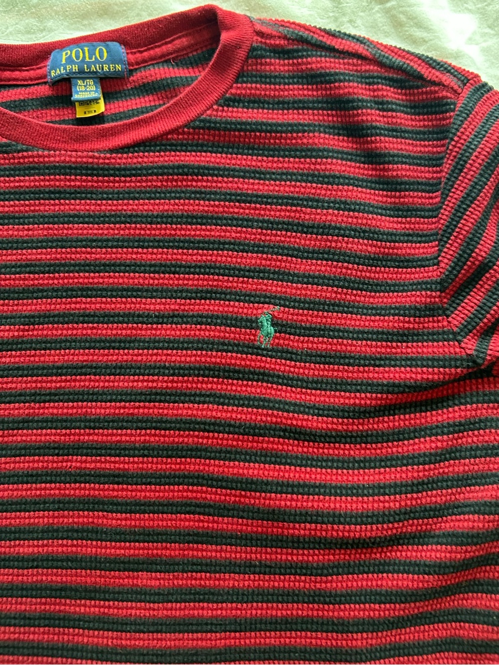 Polo by Ralph Lauren Boy’s Waffle-knit Long Sleeve Red Black Stripes  XL 18-20